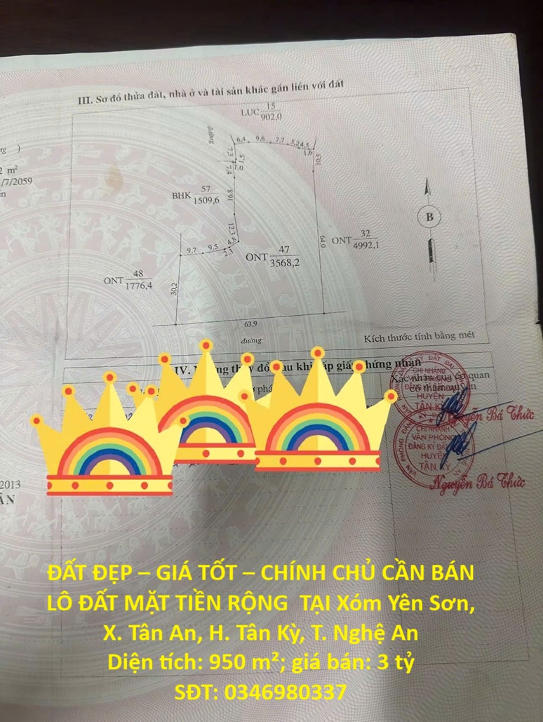 ĐẤT ĐẸP – GIÁ TỐT – CHÍNH CHỦ CẦN BÁN LÔ ĐẤT MẶT TIỀN RỘNG  TẠI Xóm Yên Sơn, X. Tân An, H. Tân Kỳ, 16022447