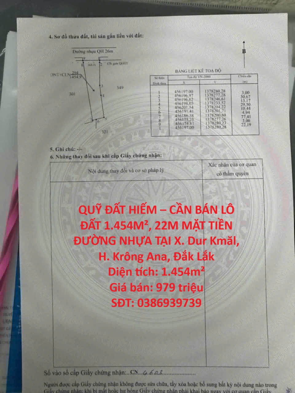 QUỸ ĐẤT HIẾM – CẦN BÁN LÔ ĐẤT 1.454M², 22M MẶT TIỀN ĐƯỜNG NHỰA TẠI X. Dur Kmăl, H. Krông Ana, Đắk 16022593