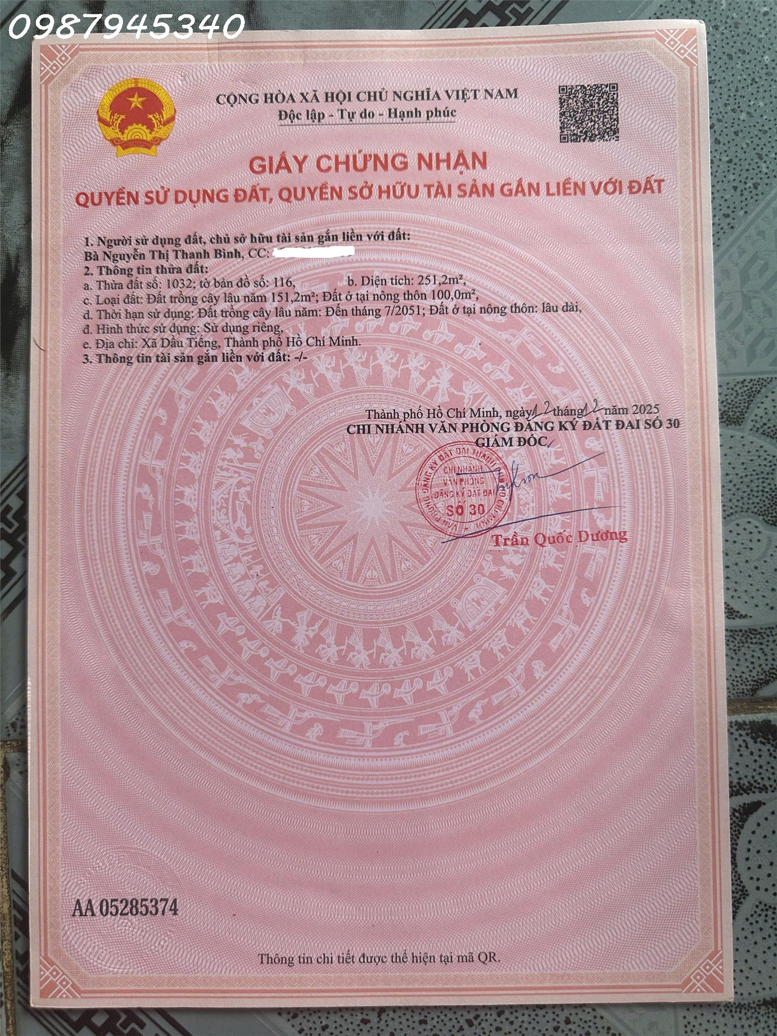 Cần tiền bán nhanh lô đất tại Ấp Núi Cậu, Dầu Tiếng, DT 251,2m2, giá 2,5 tỷ 16022714