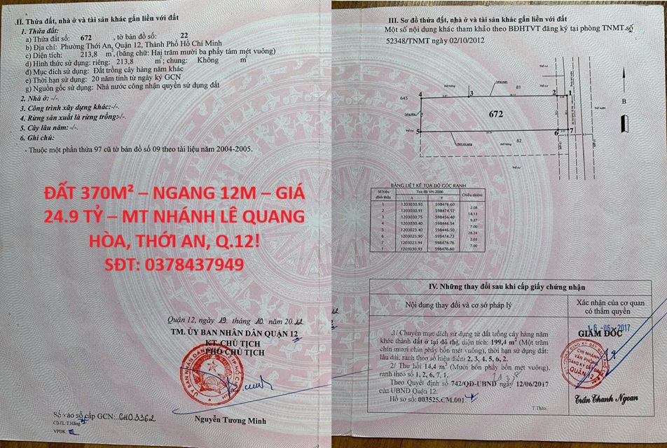 ĐẤT 370M² – NGANG 12M – GIÁ 24.9 TỶ – MT NHÁNH LÊ QUANG HÒA, THỚI AN, Q.12! 16023270