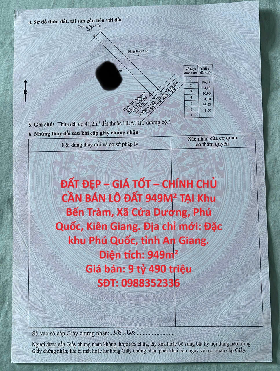 ĐẤT ĐẸP – GIÁ TỐT – CHÍNH CHỦ CẦN BÁN LÔ ĐẤT 949M² TẠI Khu Bến Tràm, Xã Cửa Dương, Phú Quốc, Kiên 16023275