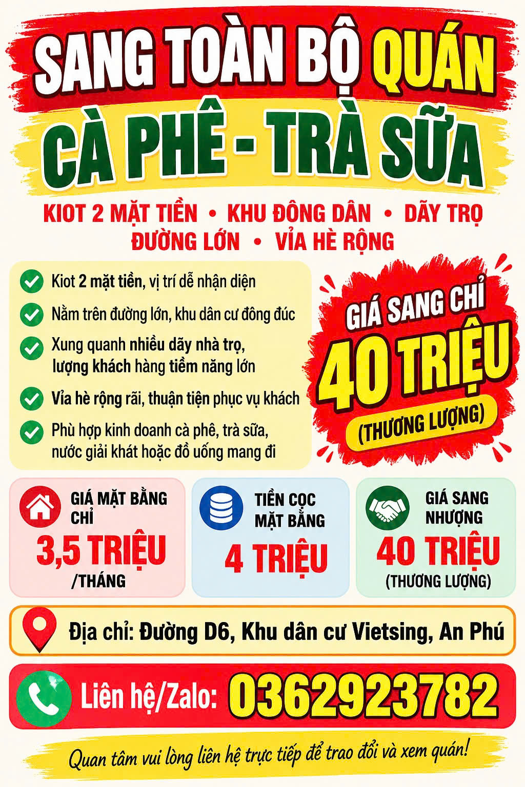 SANG NHƯỢNG TOÀN BỘ QUÁN CÀ PHÊ – TRÀ SỮA, KIOT 2 MẶT TIỀN, GIÁ CHỈ 40 TRIỆU Địa chỉ: Đường D6, Khu 16023327