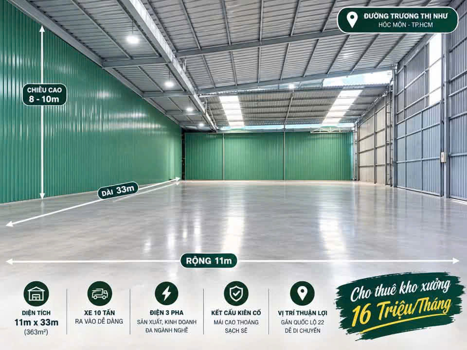 CHO THUÊ KHO 363M² – XE TẢI 10 TẤN RA VÀO THOẢI MÁI – CHỈ 16 TRIỆU/THÁNG! 16023833