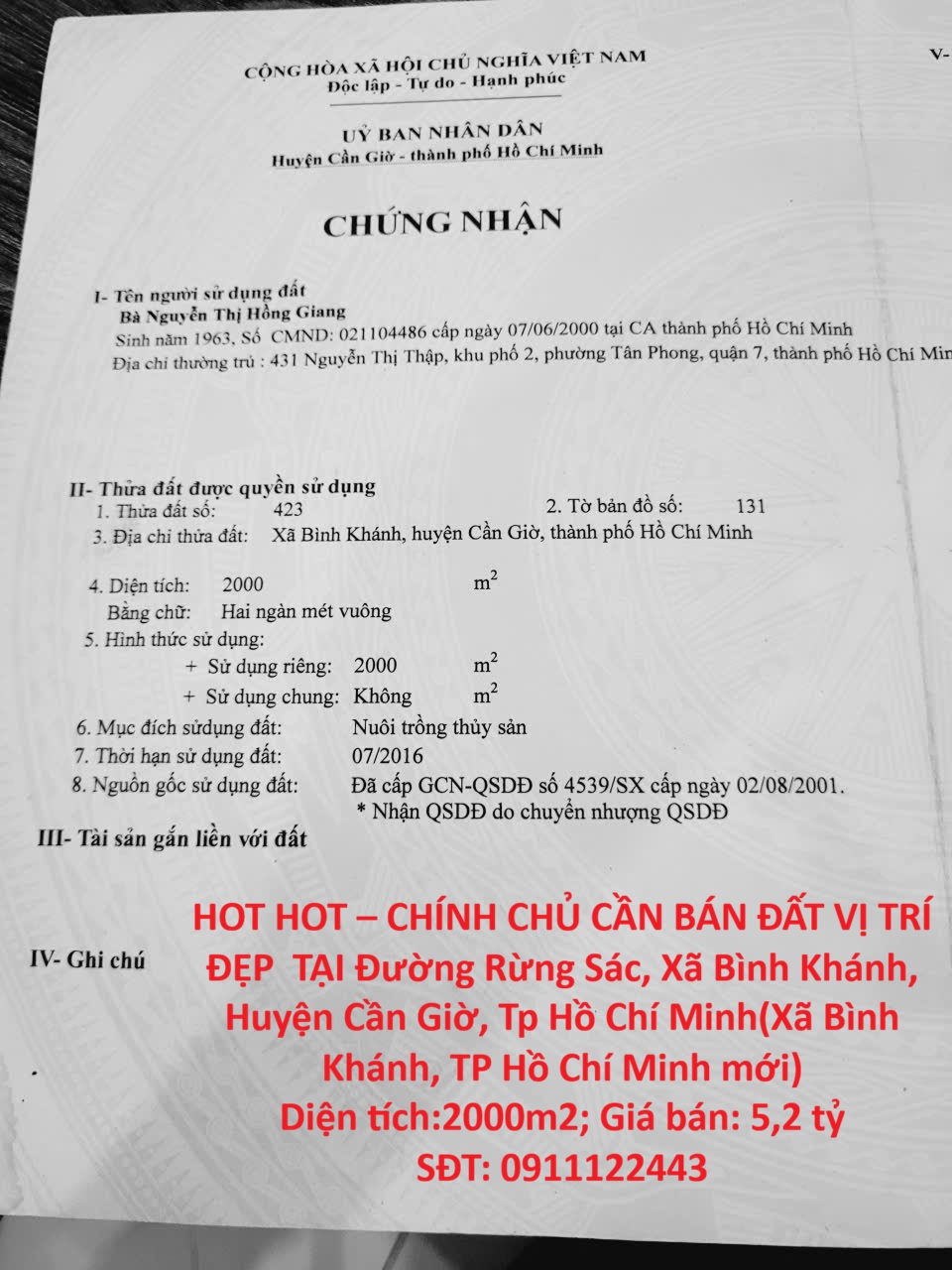 HOT HOT – CHÍNH CHỦ CẦN BÁN ĐẤT VỊ TRÍ ĐẸP  TẠI Xã Bình Khánh, Huyện Cần Giờ, Tp Hồ Chí Minh 16024325