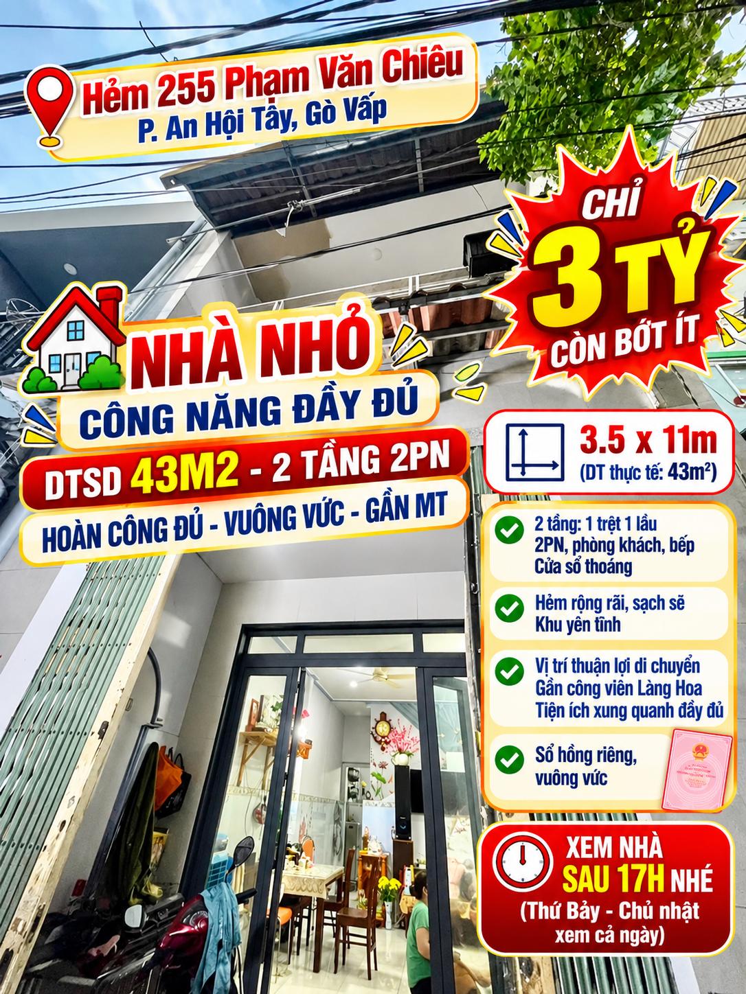 Bán nhà 2 tầng hẻm 255 Phạm Văn Chiêu, Gò Vấp -43m2 chỉ 3ty bớt lộc 16024484