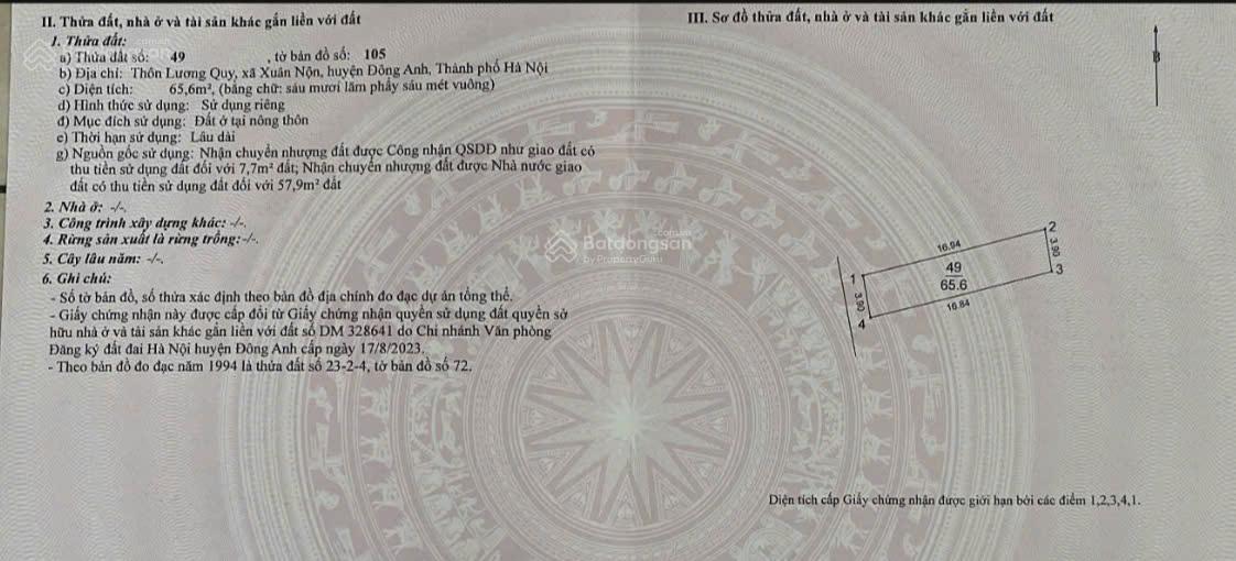 Chính chủ bán đất Đông Anh, Hà Nội - 65,6m2, đường ô tô 4,5m, sổ đỏ riêng, giá 4,36 tỷ 16024758