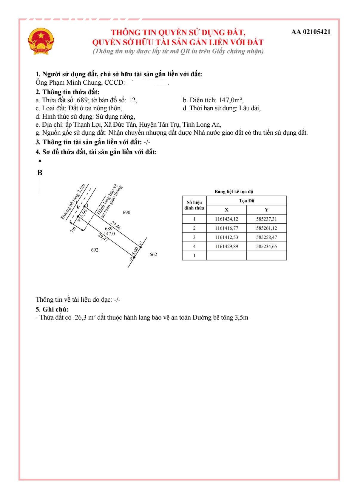 Bán lô đất siêu đẹp 5x30 - (147m2) - Đức Tân, Huyện Tân Trụ, Long An, giá đầu tư 16024811
