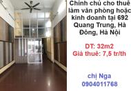 Chính chủ cho thuê làm văn phòng hoặc kinh doanh tại 692 Quang Trung, Hà Đông; 7,5tr/th; 0904011768
